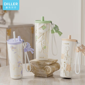 『预购-PREORDER』Diller Flower Ceramic Coated Thermo Insulated Vacumn Coffee Tumbler Leakproof , Handle Strap D9554-680ml
